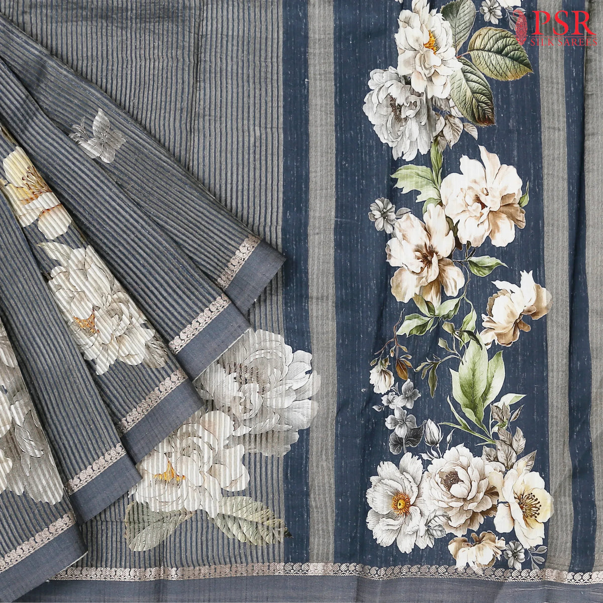 Slate Grey Printed Tissue Saree