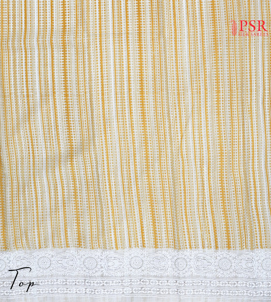 Floral White & Mustard Yellow Silk Cotton Dress Material