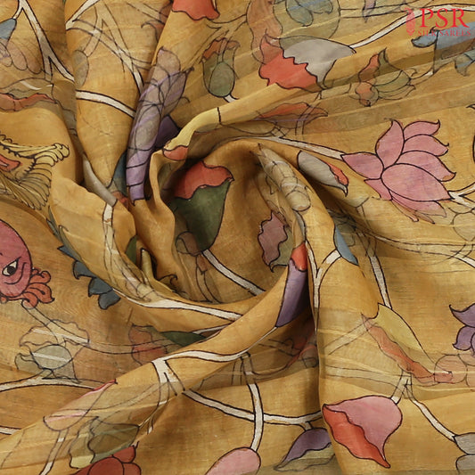 Mustard Kalmkari Kadhi Organza Silk Saree