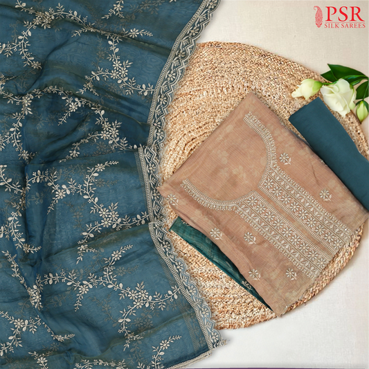 Teal & Sepia Tissue Dress Material