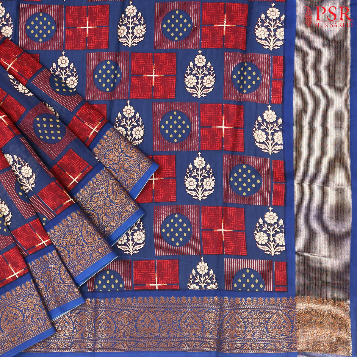 Blue & Red Chanderi Silk Cotton Saree