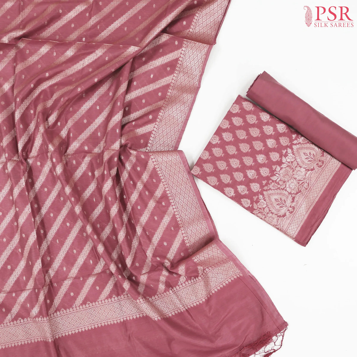 Dark Blush Pink Banaras Silk Cotton Dress Material