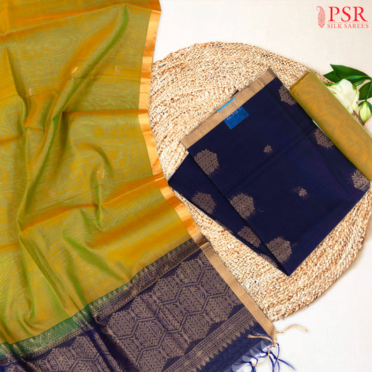 Dark Blue & Olive Mustard Silk Cotton Dress Material