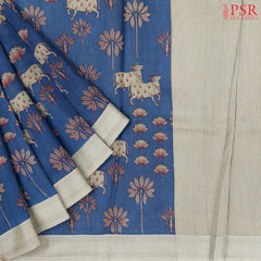 Dark Cobalt Blue Munga Silk Saree