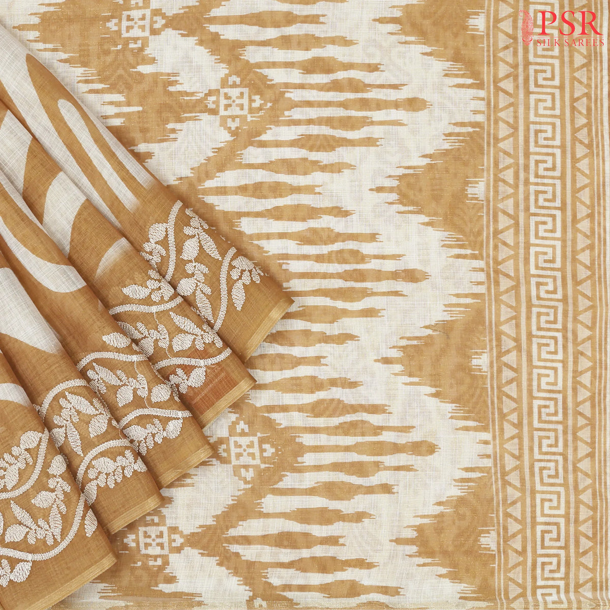Beige & Buff Orange Linen Tissue Embroidery Saree