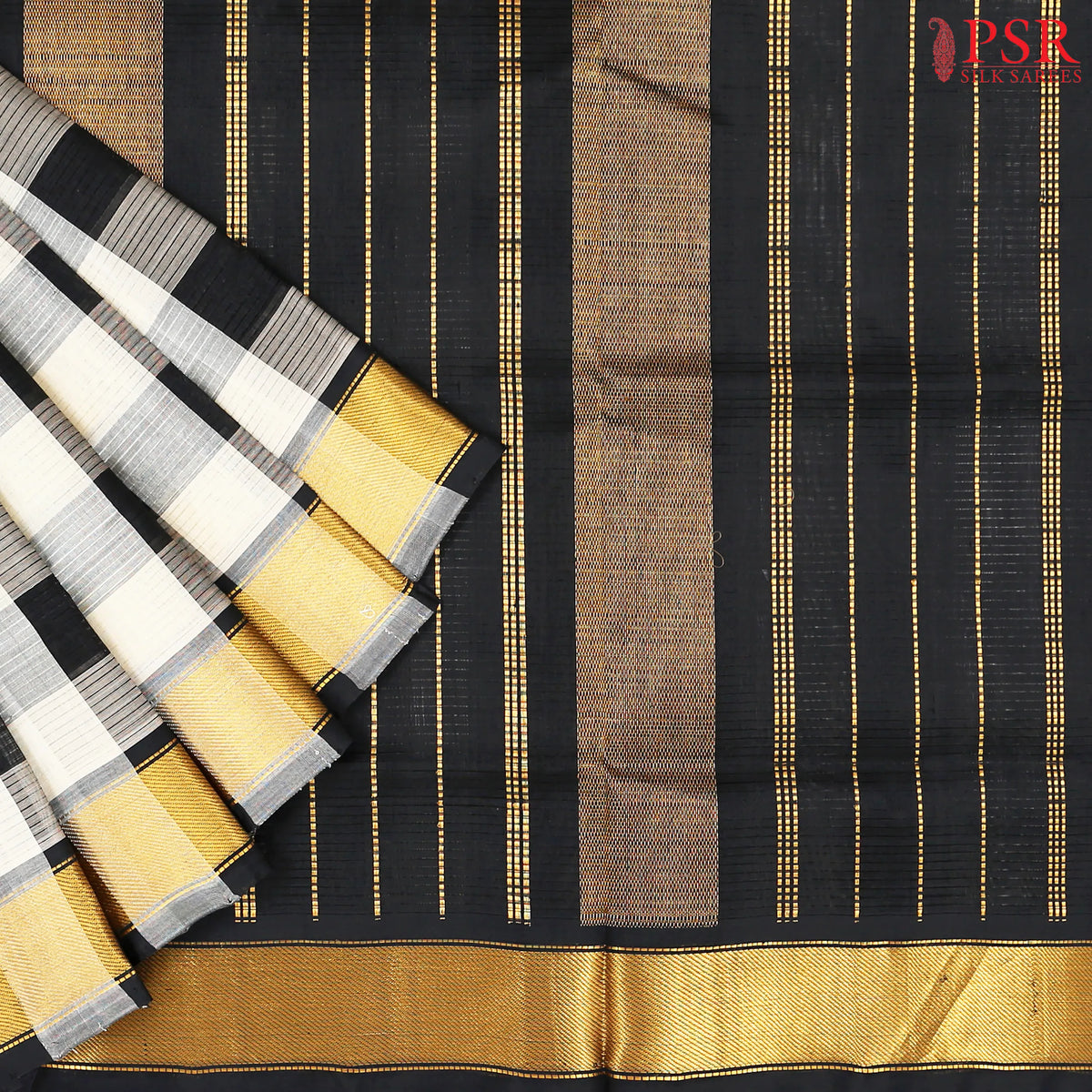 Beige & Black Cotton Silk Saree