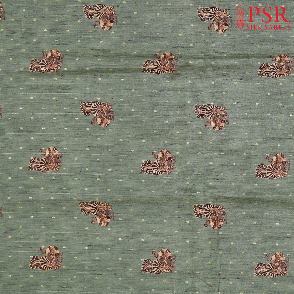 Dark Sage Green Semi Tassar Print Running Material