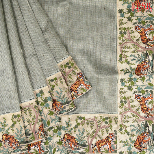 Dark Mint Green Tissue Embroidery Saree