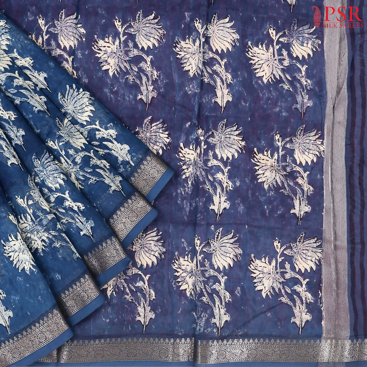 Dark Blue Chanderi Silk Cotton Saree