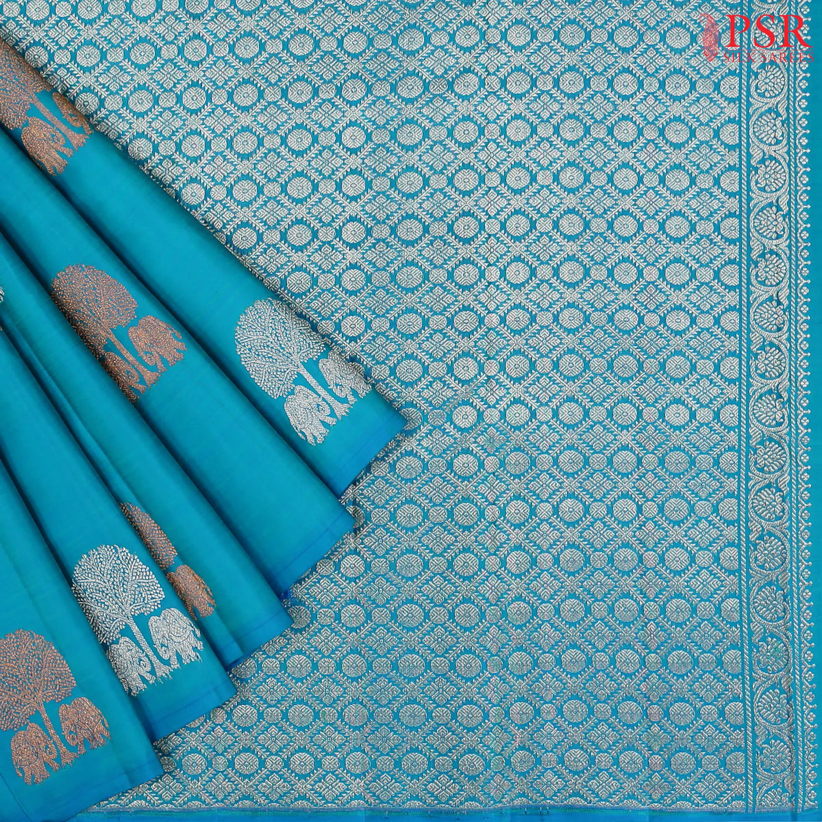 Peacock Blue & Pear Green Kanchipuram Half & Half Silk Saree