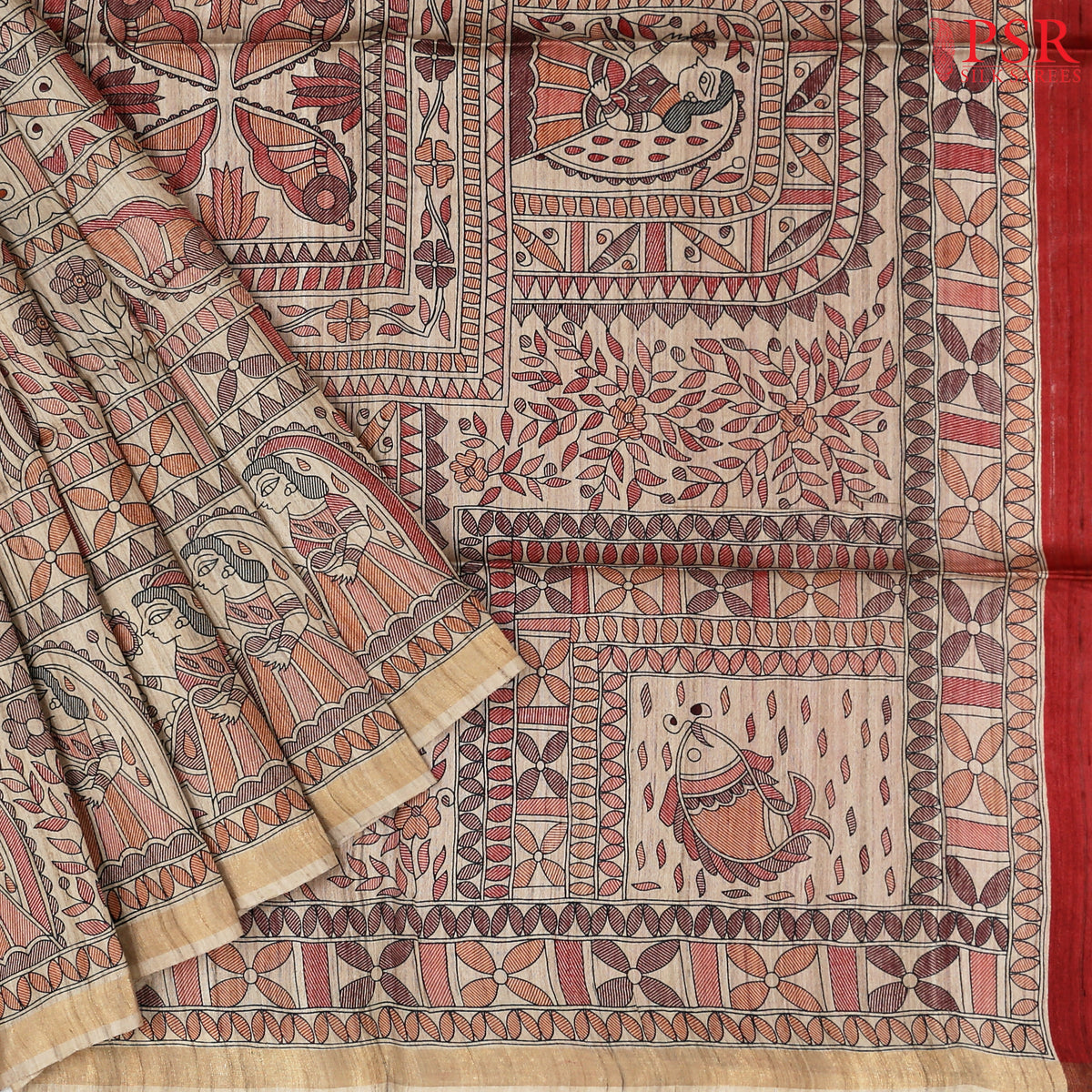 Hazelnut Beige & Red Kadhi Tussar Silk Saree