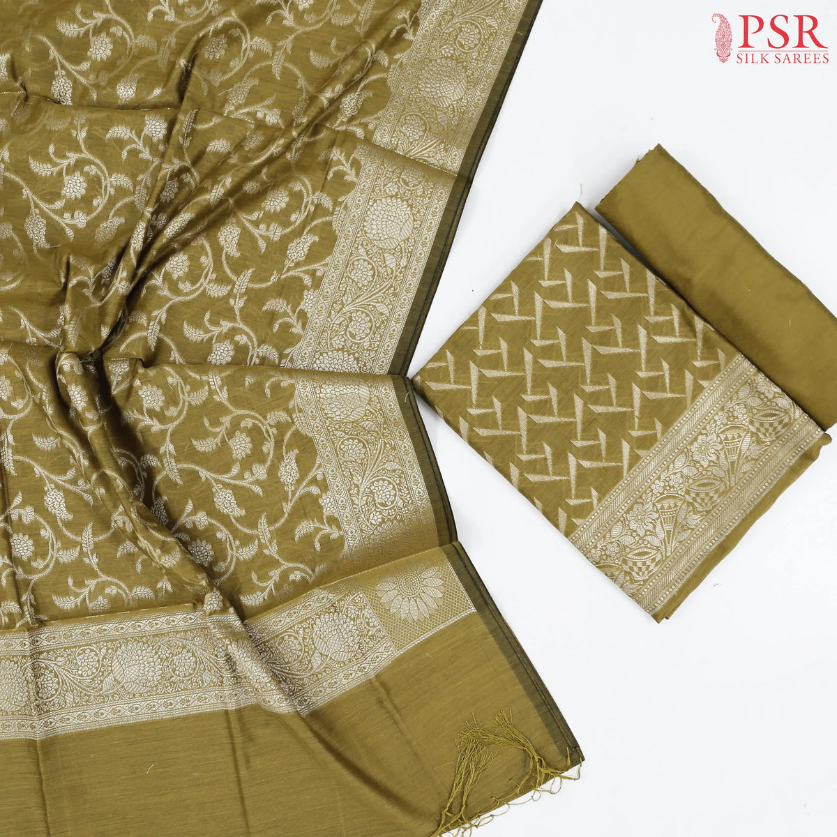 Dark Olive Yellow Banaras Silk Cotton Dress Material
