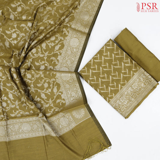 Dark Olive Yellow Banaras Silk Cotton Dress Material