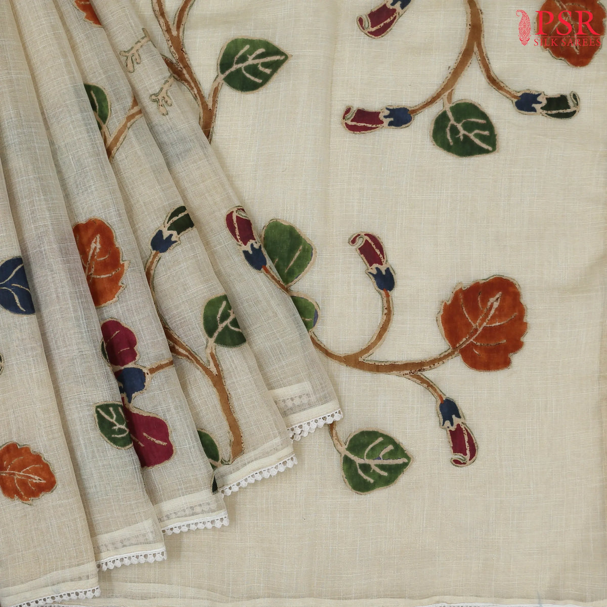 Beige Tissue Linen Embroidery Saree