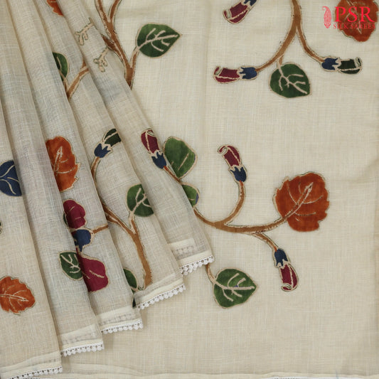 Beige Tissue Linen Embroidery Saree