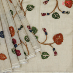 Beige Tissue Linen Embroidery Saree