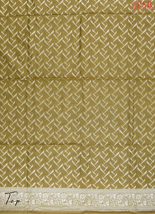 Dark Olive Yellow Banaras Silk Cotton Dress Material