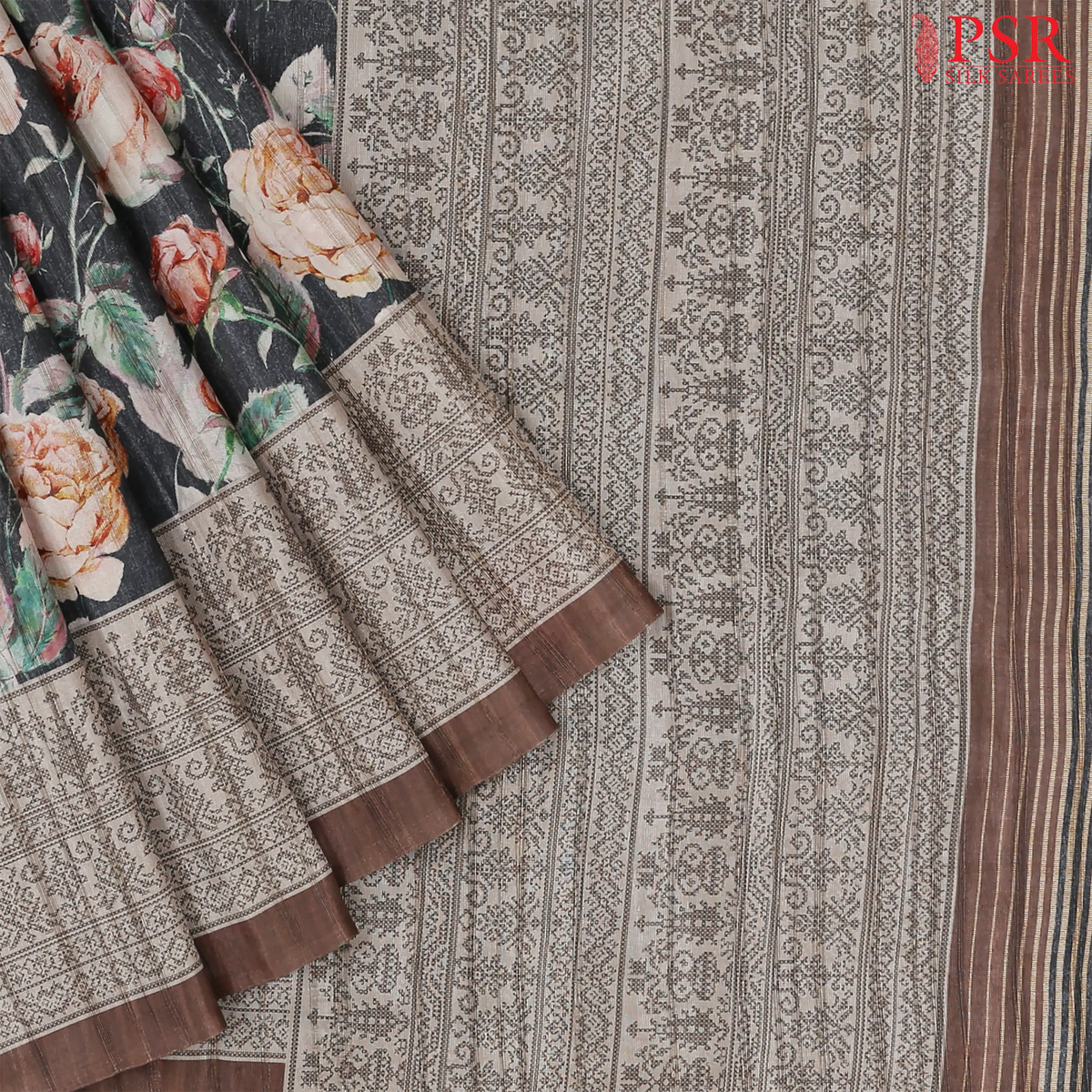 Charcoal Grey Semi Dupion Saree