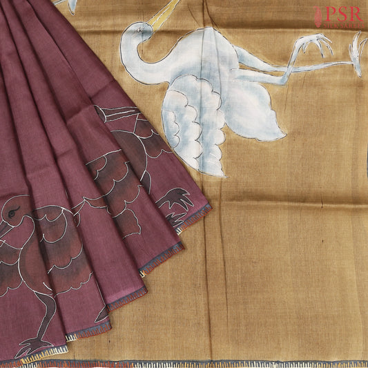 Burgundy Kadhi Tussar Silk Saree