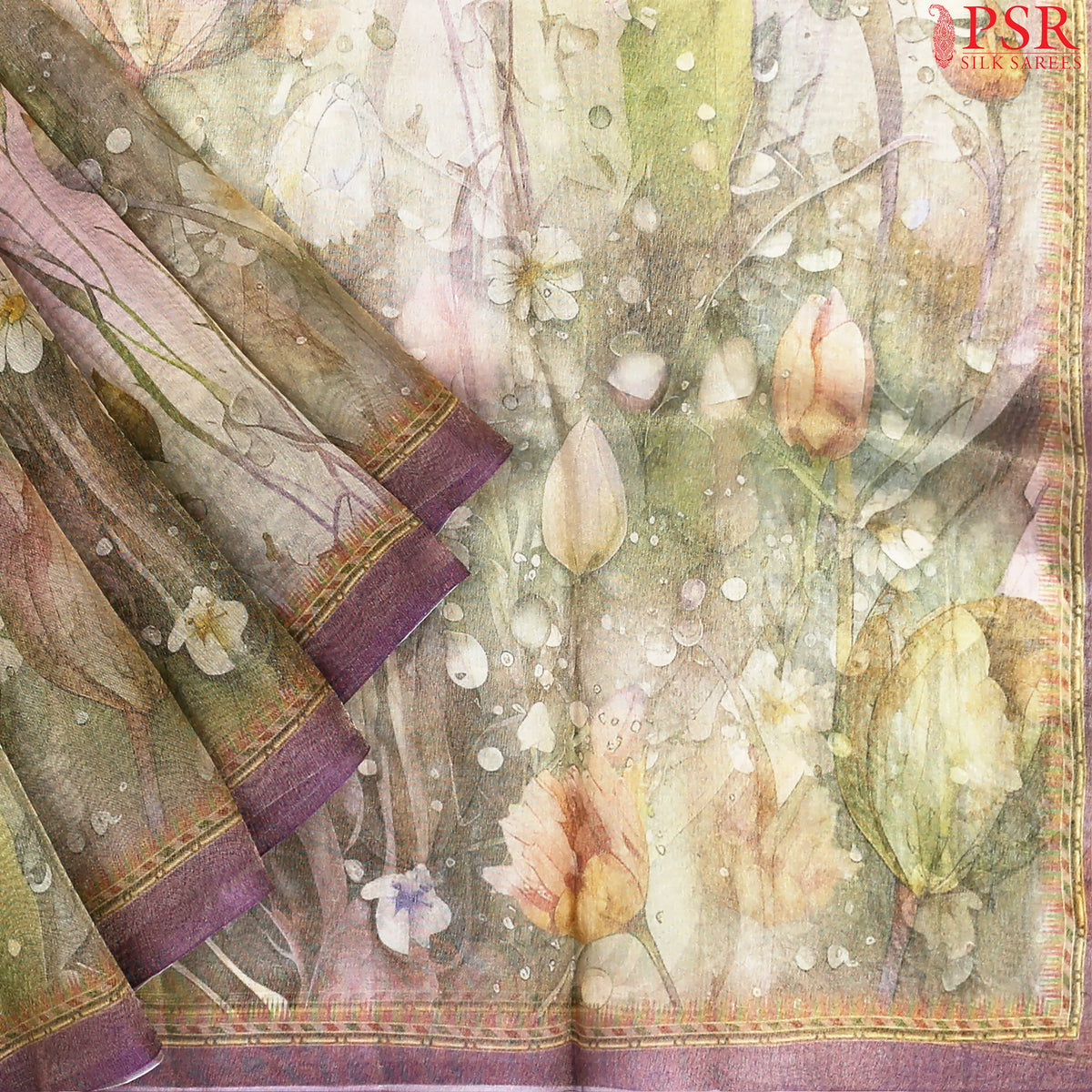 Olives And Purple Tissue Organza Silk Saree
