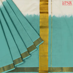 Cream White & Turquoise Kerala Cotton Saree