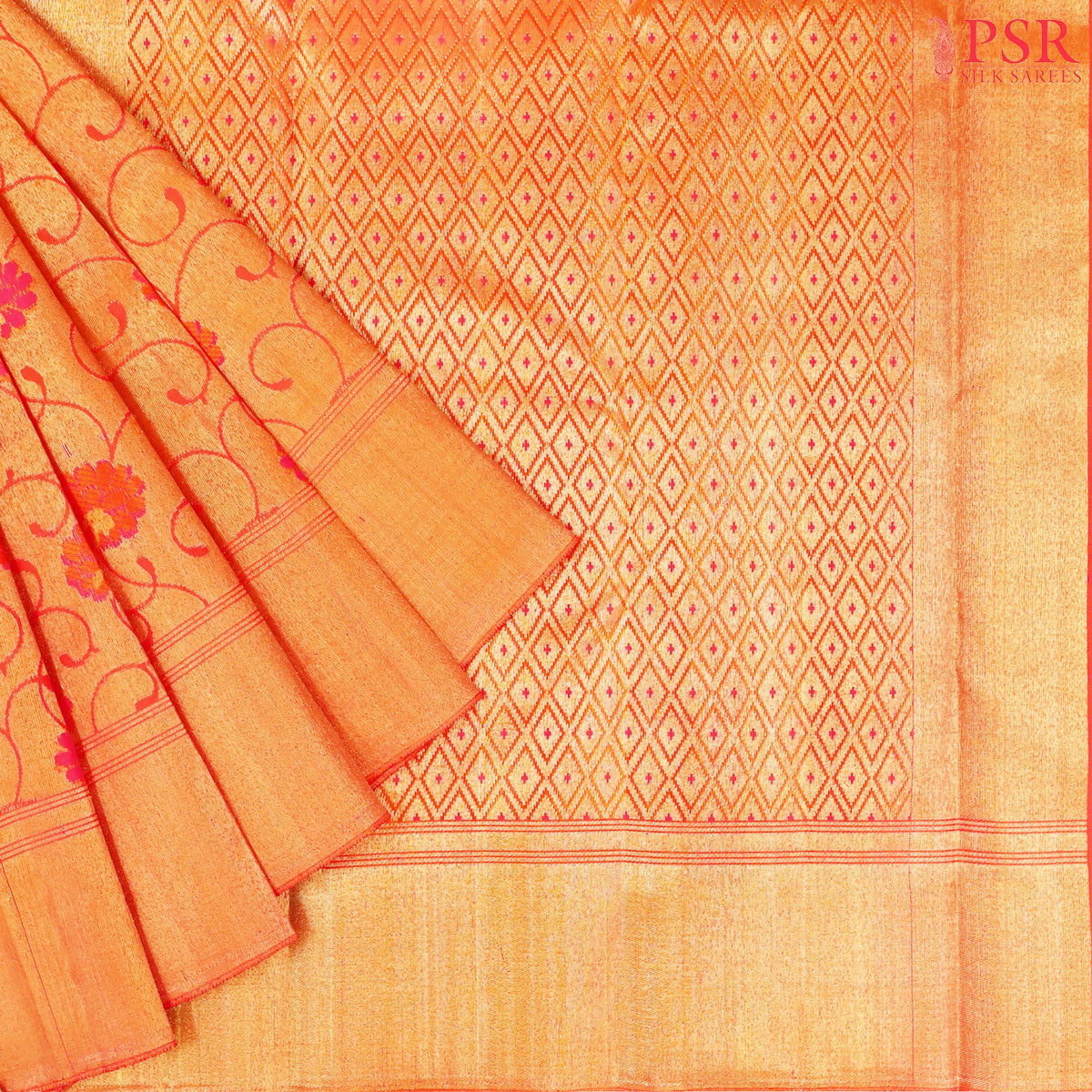 Saffron Kanchipuram Jacquard Tissue Silk Saree