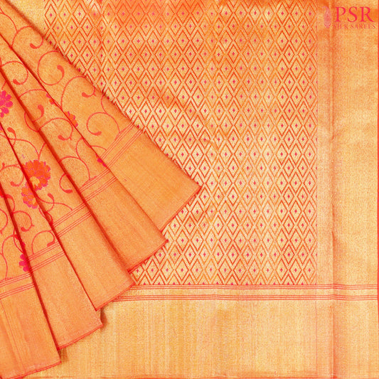 Saffron Kanchipuram Jacquard Tissue Silk Saree