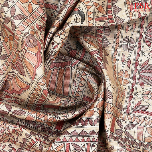 Hazelnut Beige & Red Kadhi Tussar Silk Saree