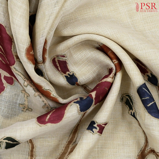Beige Tissue Linen Embroidery Saree