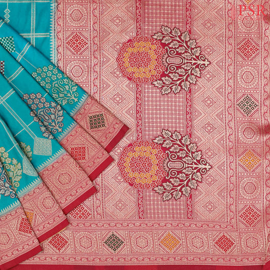 Peacock Cyan Semi Banaras Saree