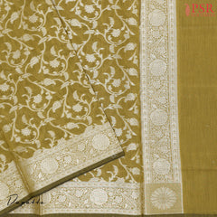 Dark Olive Yellow Banaras Silk Cotton Dress Material
