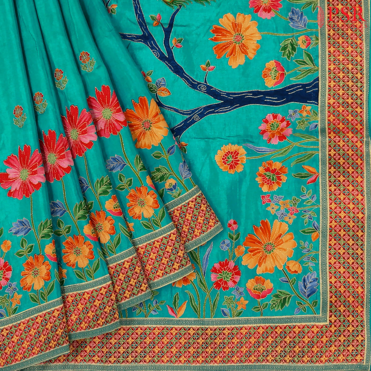 Dark Turquoise Semi Banaras Saree