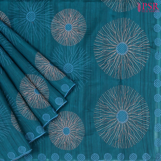 Dark Peacock Blue Kosa Embroidery Saree