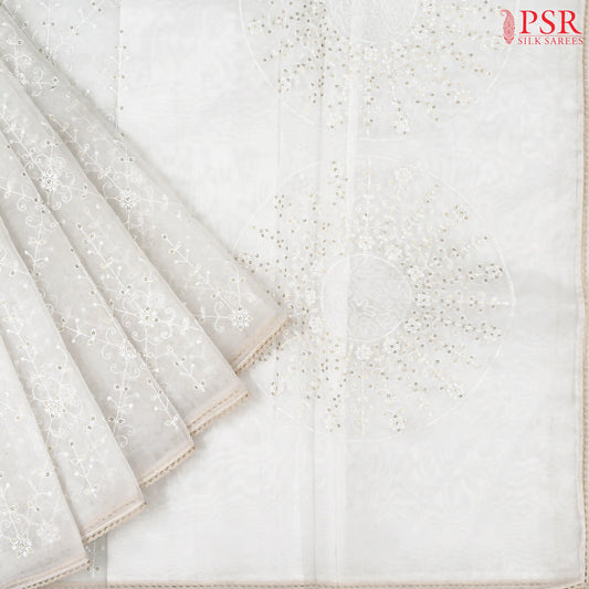Floral White Organza Embroidery Saree