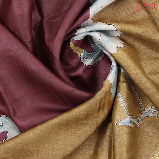 Burgundy Kadhi Tussar Silk Saree