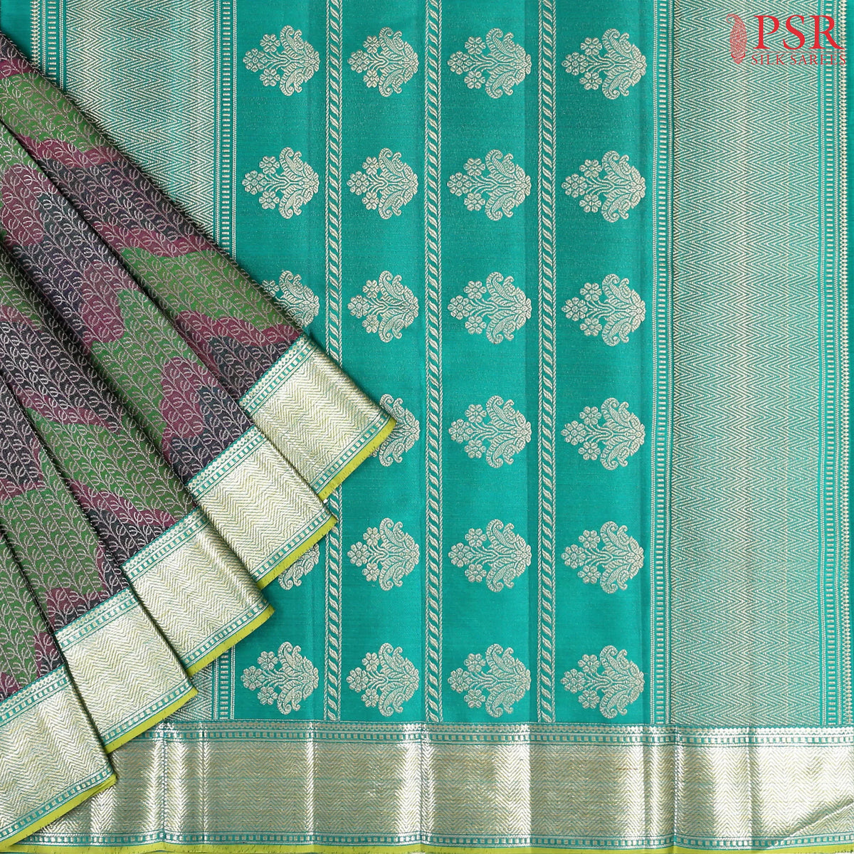 Green & Dark Grey Kanchipuram Jacquard Silk Saree