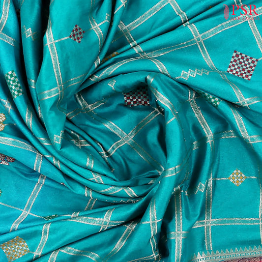 Peacock Cyan Semi Banaras Saree