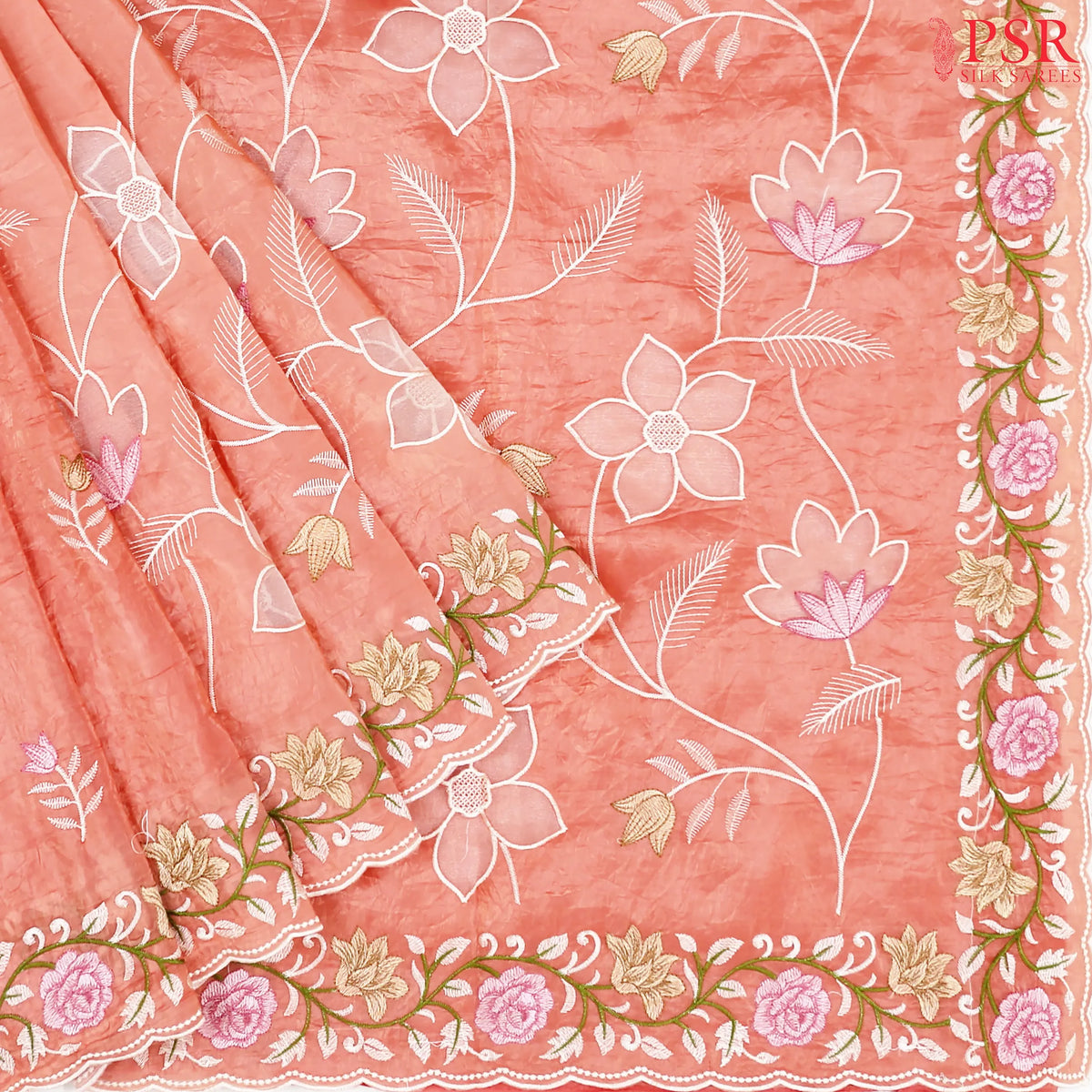 Salmon Peach Organza Embroidery Saree