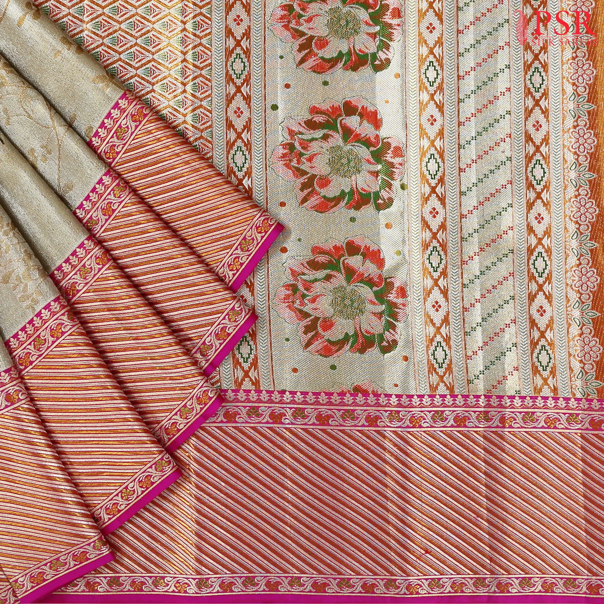 Golden Beige Kanchipuram Jacquard Tissue Silk Saree