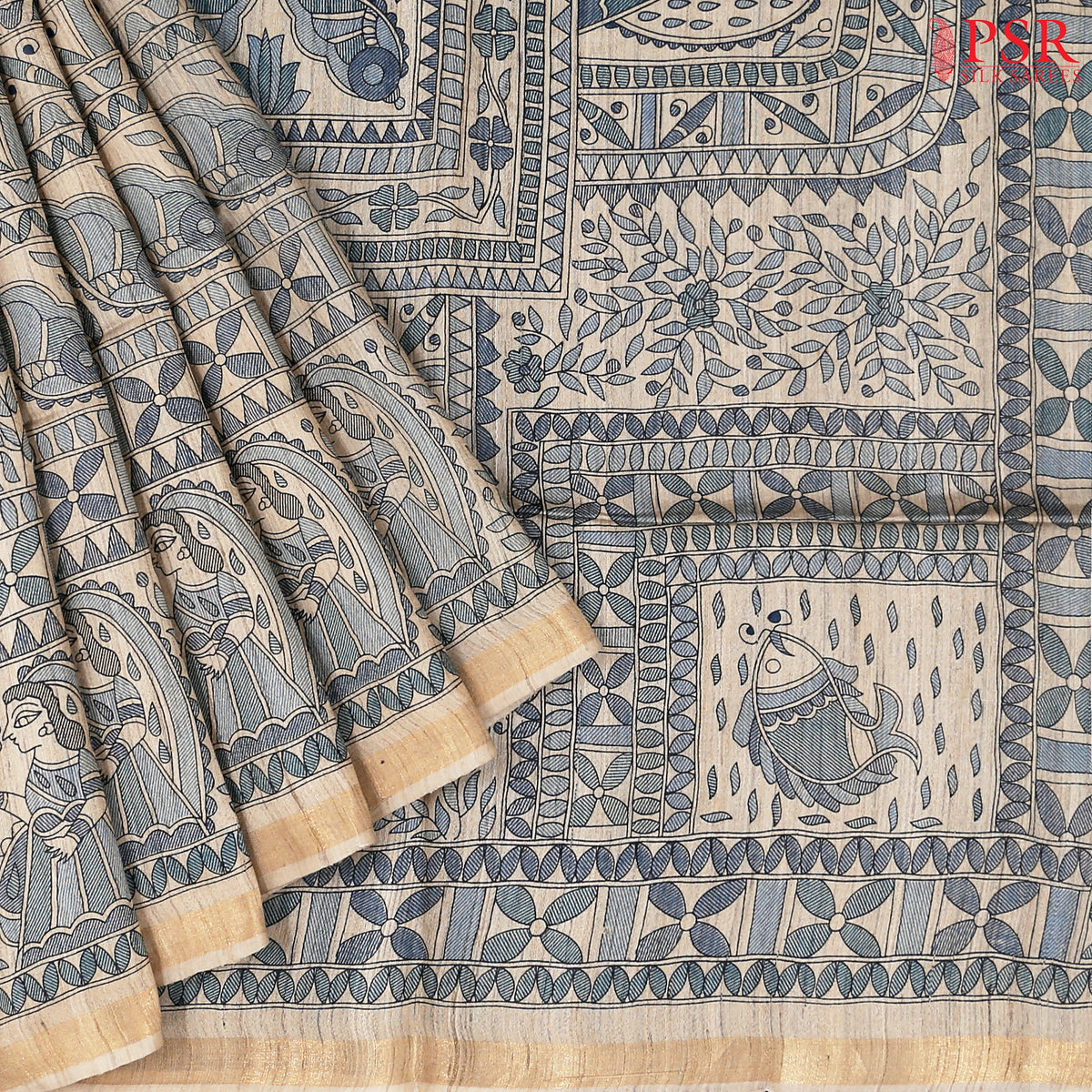 Hazelnut Beige & Peacock Blue Kadhi Tussar Silk Saree