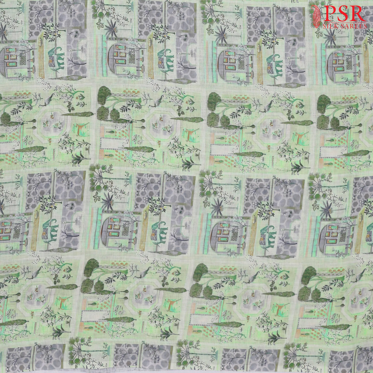 Pistachio Green Linen Print Running Material