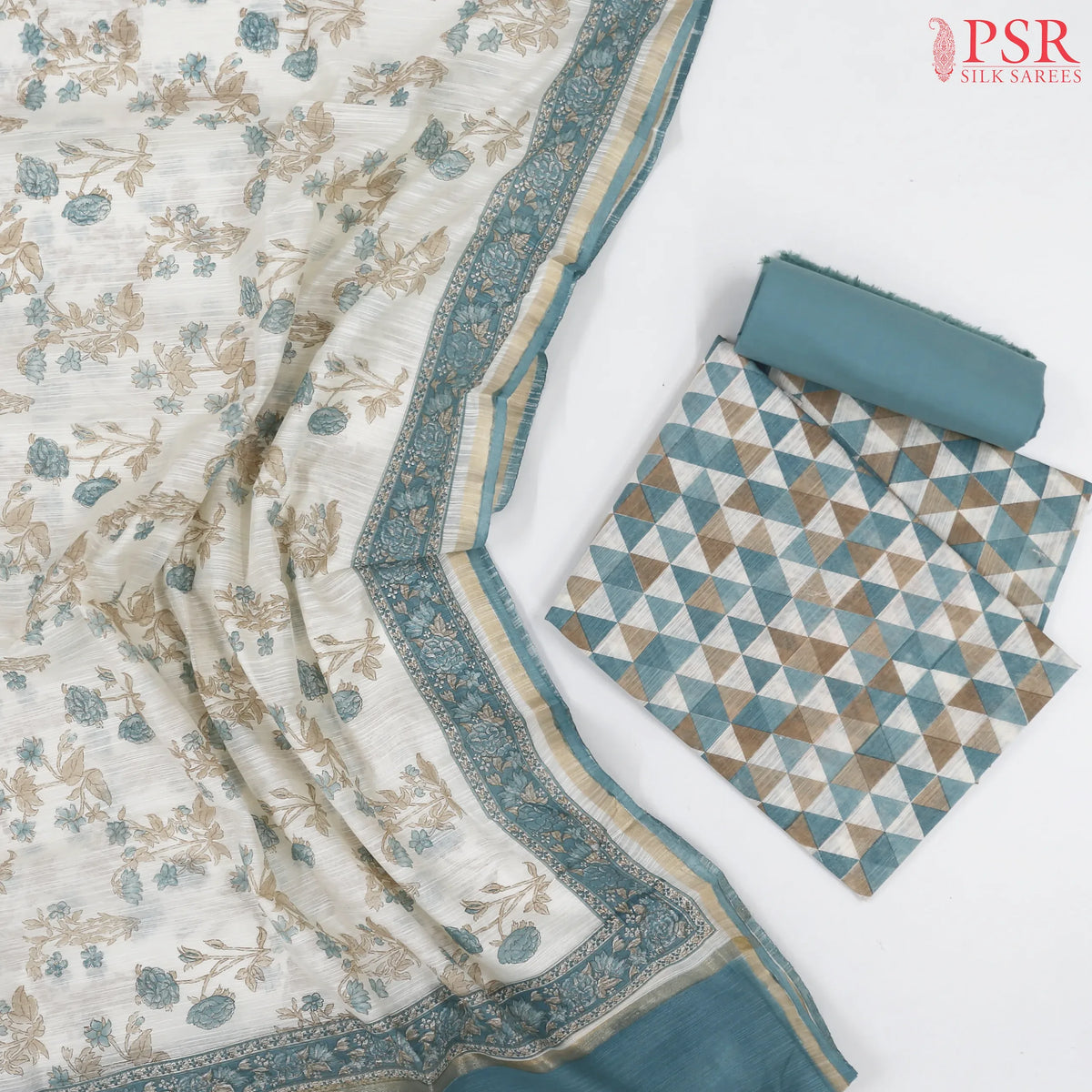 Off White & Turquoise Silk Cotton Dress Material