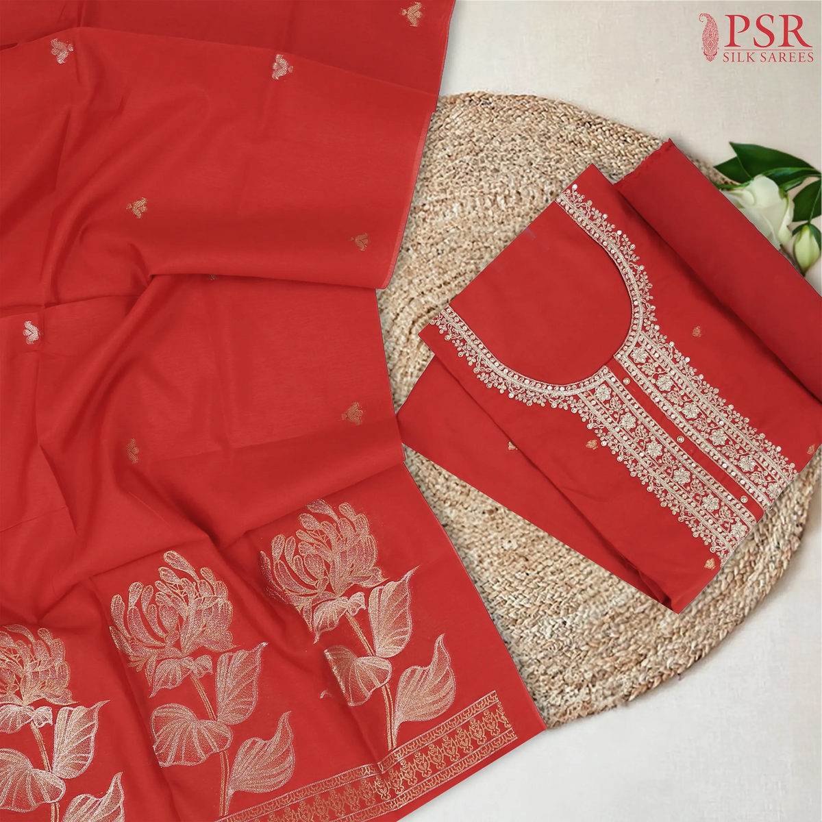 Red Semi Tussar Dress Material