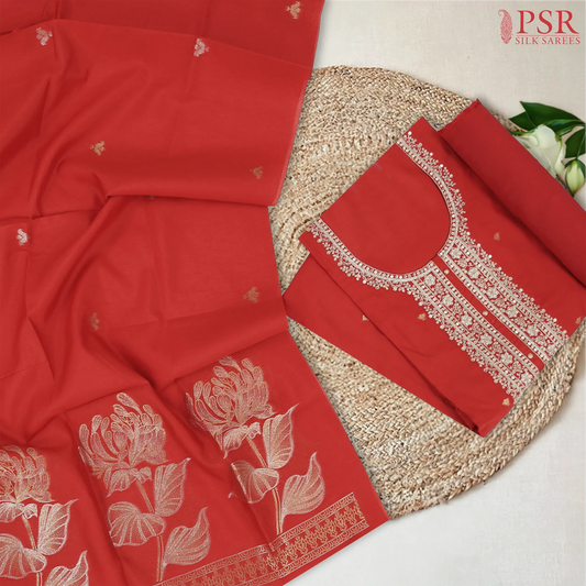 Red Semi Tussar Dress Material
