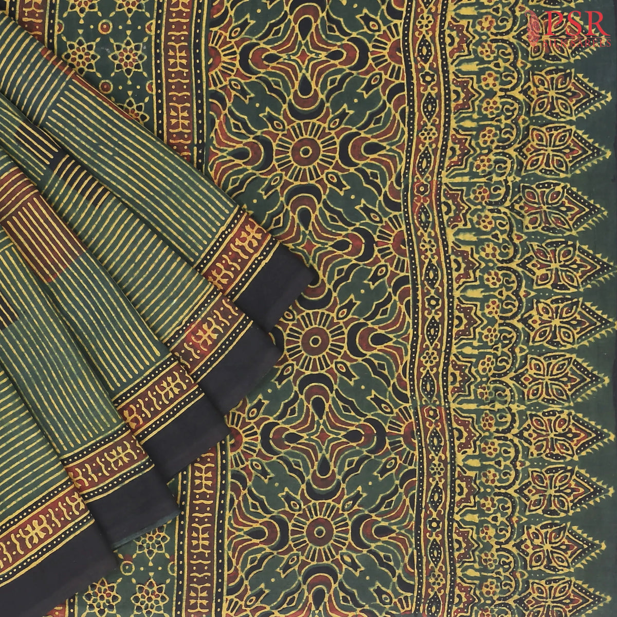 Dark Green Jaipur Cotton Printed Saree