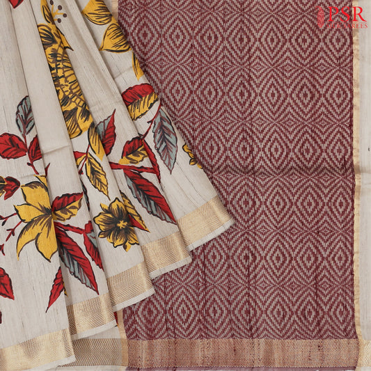 Beige & Maroon Kadhi Tussar Silk Saree