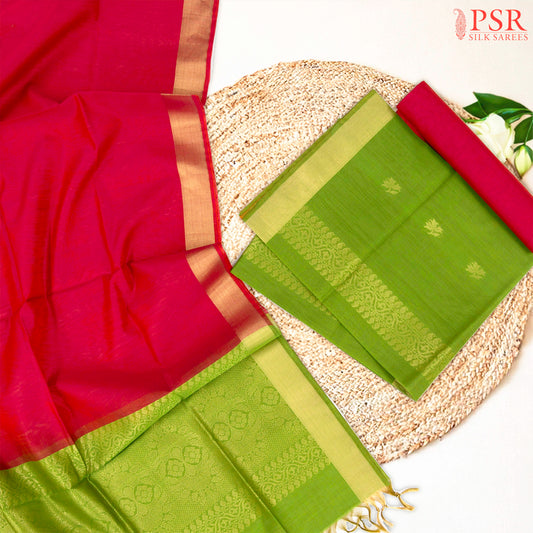 Olive Drap Green & Cerise Silk Cotton Dress Material