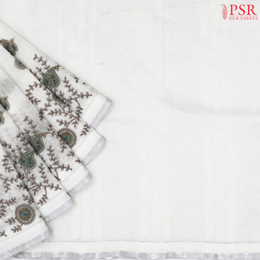 Floral White Linen Saree