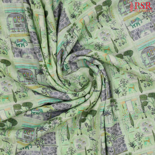 Pistachio Green Linen Print Running Material