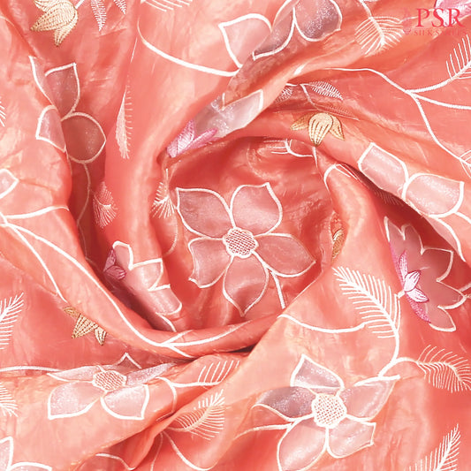 Salmon Peach Organza Embroidery Saree